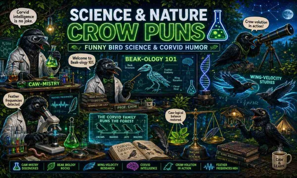 Funny scientist crows exploring biology, chemistry, and nature in a futuristic forest lab for a science and nature crow puns article.