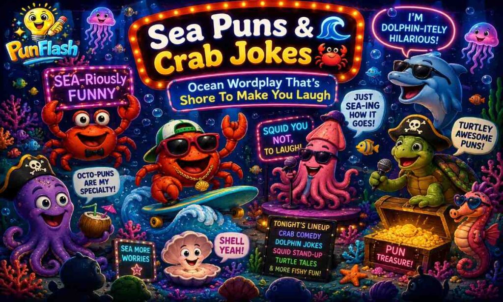 Funny sea puns and crab jokes image featuring cartoon ocean creatures with beach humor and sea-themed wordplay