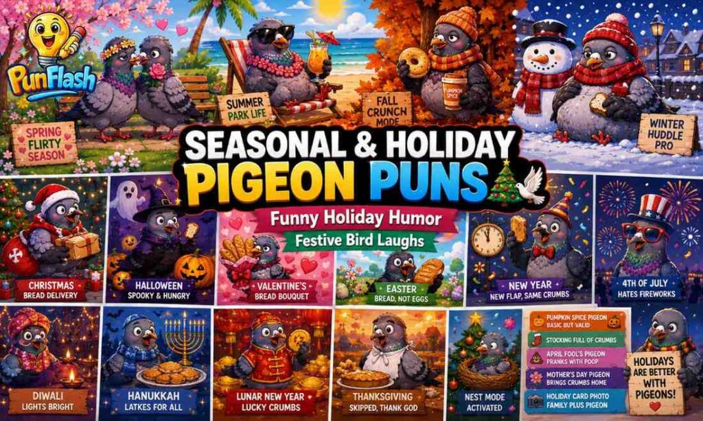 Seasonal and holiday pigeon puns with cartoon pigeons celebrating Christmas Halloween winter and spring holidays