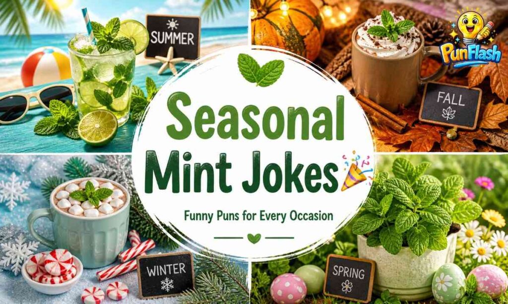 seasonal mint jokes with mint leaves across summer winter autumn and spring themes for holiday and party humor