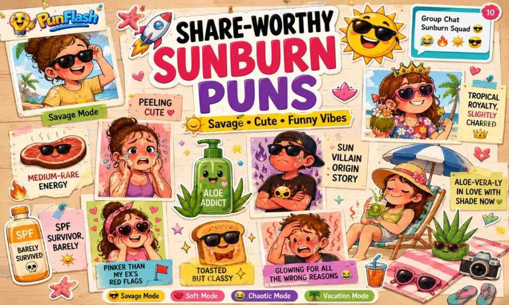 Share worthy sunburn puns image with funny summer jokes group chat humor social sharing vibes and sunburn meme mood board