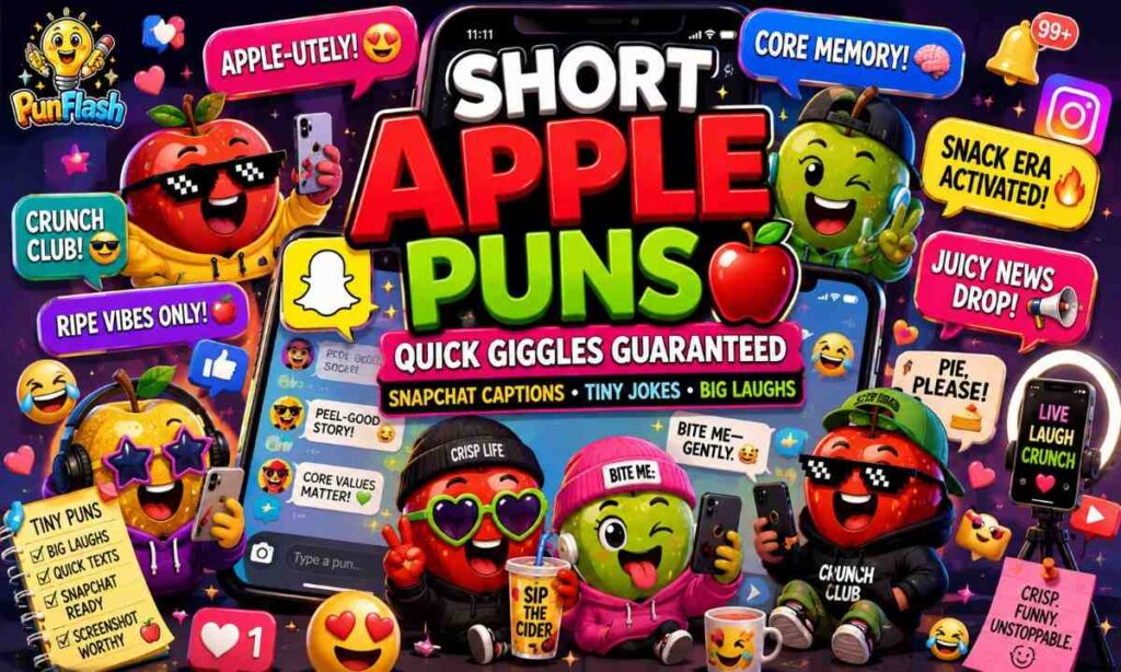 Short apple puns illustration featuring funny cartoon apples with quick jokes, Snapchat captions, social media humor, and playful apple wordplay