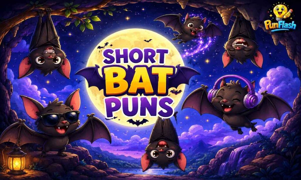 Cute cartoon bats flying and hanging under a full moon for a short bat puns and funny bat captions section