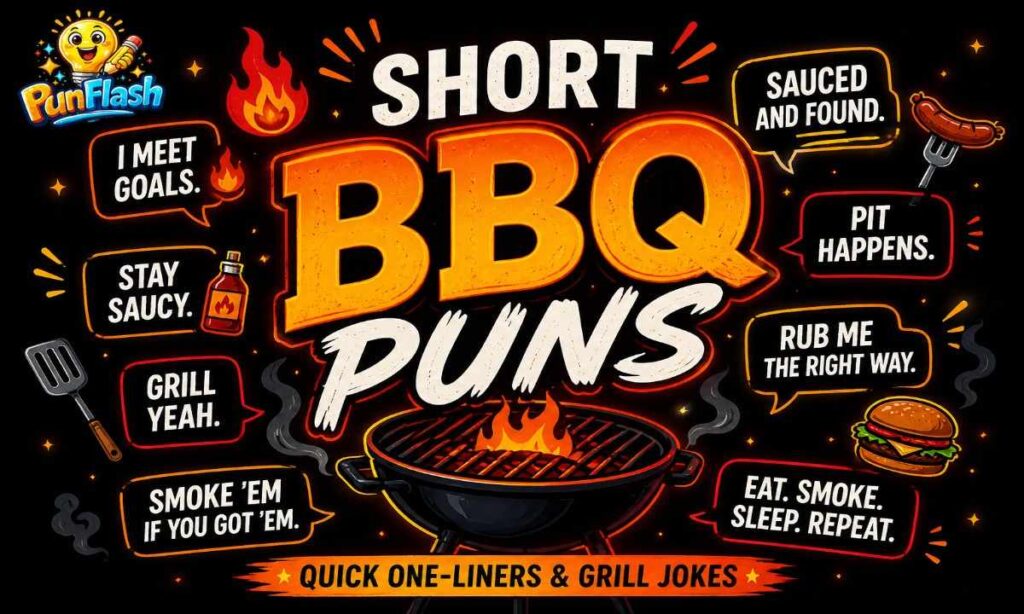 short BBQ puns one-liners with grill icons and minimal barbecue humor design