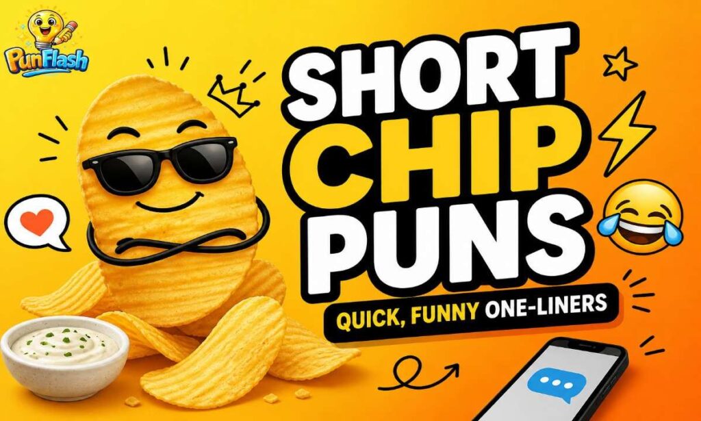 Short chip puns illustration with crispy chips and quick funny one-liners for captions and social media