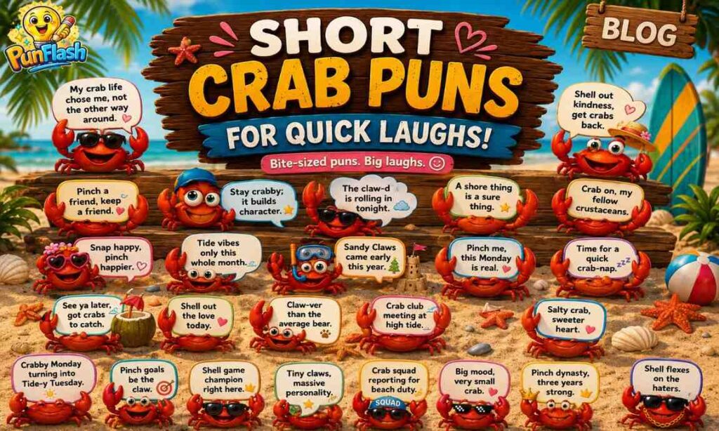 Short crab puns blog image featuring funny cartoon crabs with quick beach jokes and claw-some one-liners