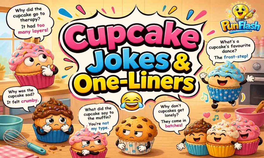 Short cupcake jokes and one-liners illustration with cute cupcakes in comic style for blog section