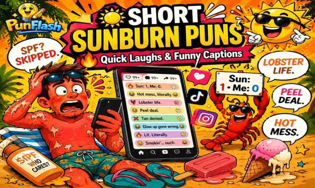Short sunburn puns funny summer jokes image with quick laughs beach humor and viral social media captions