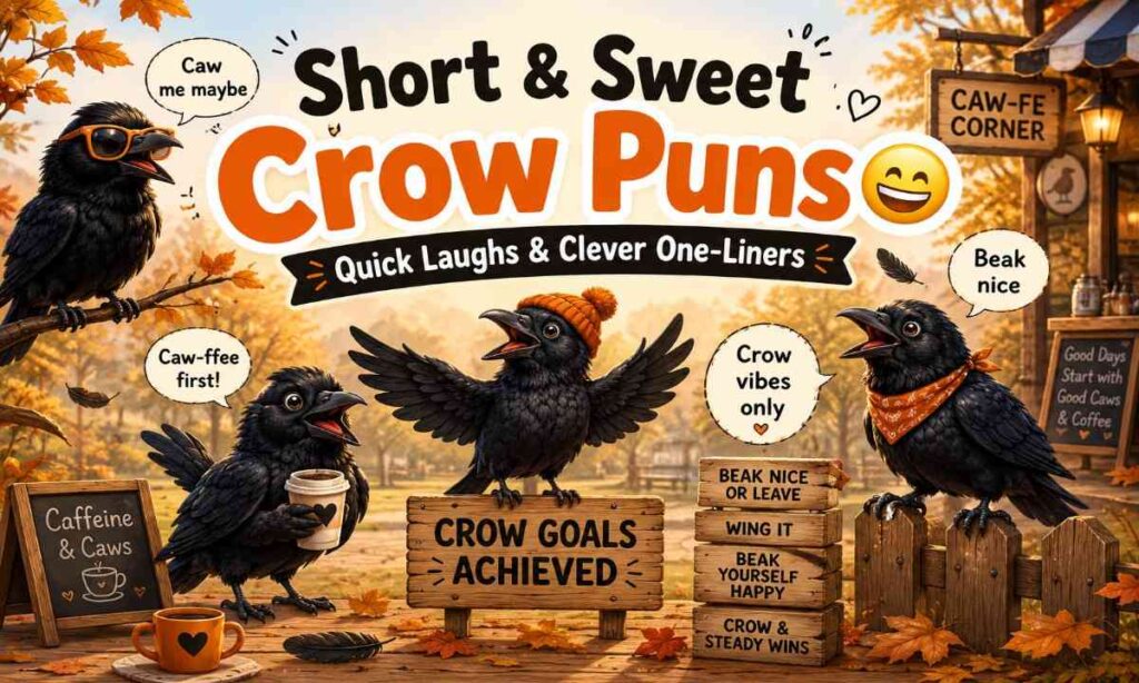 Cute cartoon crows sharing short and funny crow puns in a cozy autumn park with playful speech bubbles and cheerful bird humor.