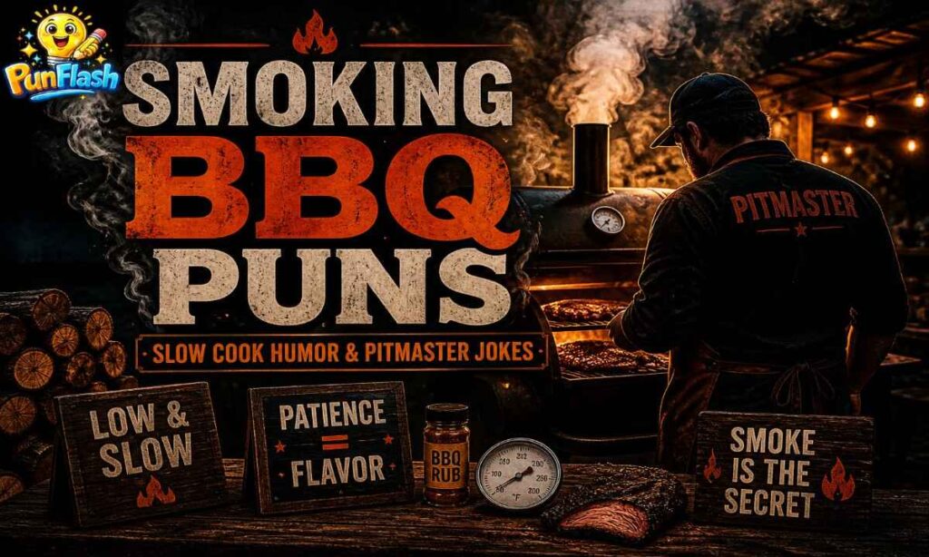 smoking BBQ puns with smoker grill, pitmaster and slow cooking barbecue humor