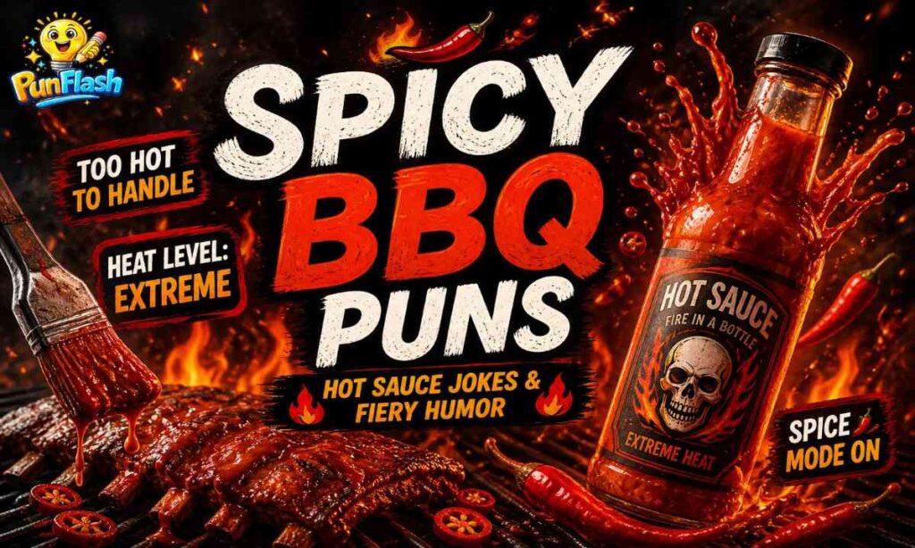 spicy BBQ puns with hot sauce, chili peppers and fiery grill heat humor illustration