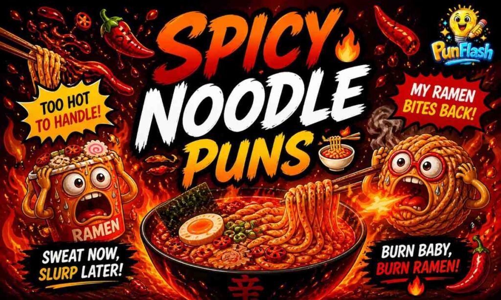 spicy noodle puns illustration with fiery ramen bowl, chili peppers and flames showing hot food humor jokes