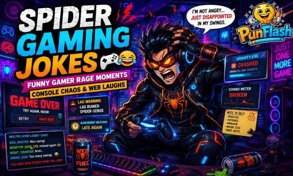 Comic-style parody web gamer hero rage quitting in neon gaming room