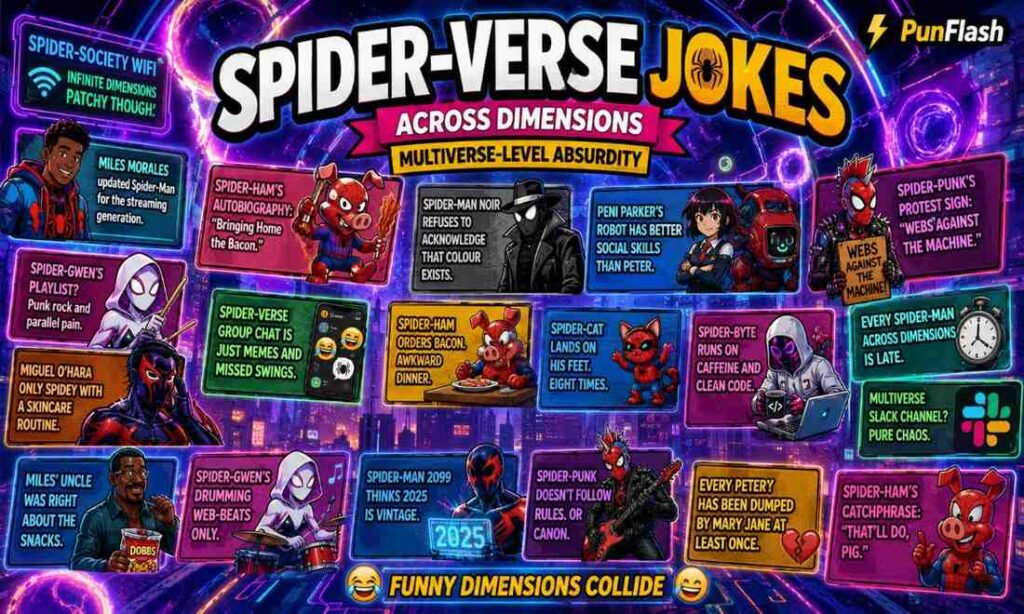Comic-style multiverse parody web heroes inside futuristic dimension