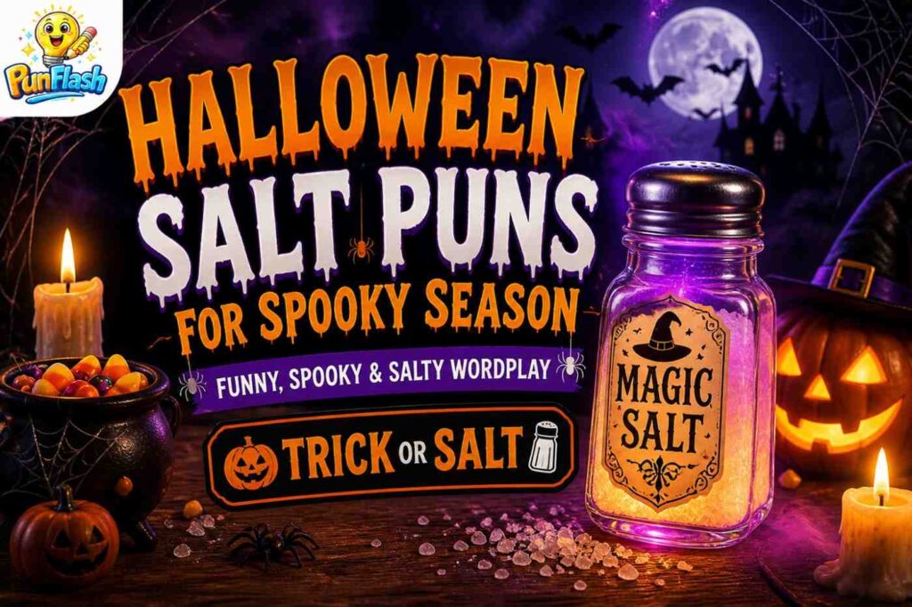 halloween salt puns spooky season image with pumpkins, salt shaker and funny halloween captions