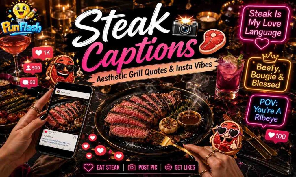 Steak captions for Instagram image featuring aesthetic BBQ dinner setup, sizzling steak photography, and trendy foodie social media vibes