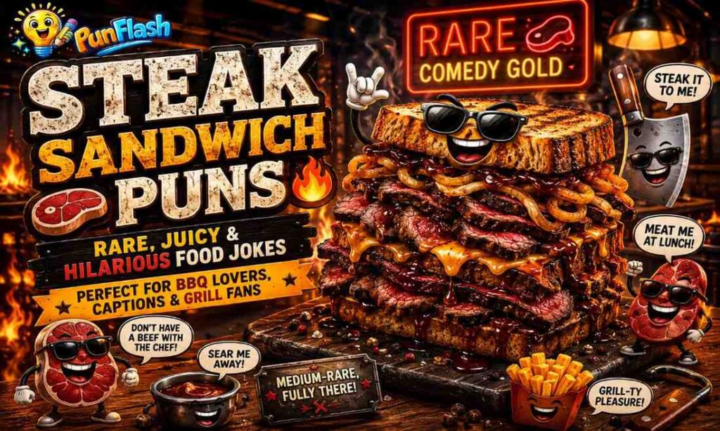steak sandwich puns with funny grilled steak sandwich characters and bbq food jokes