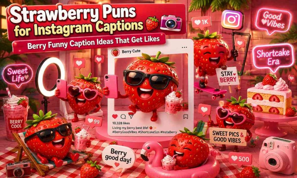 Funny strawberry Instagram captions image with cartoon strawberries taking selfies, smoothies, social media icons, and aesthetic summer vibes