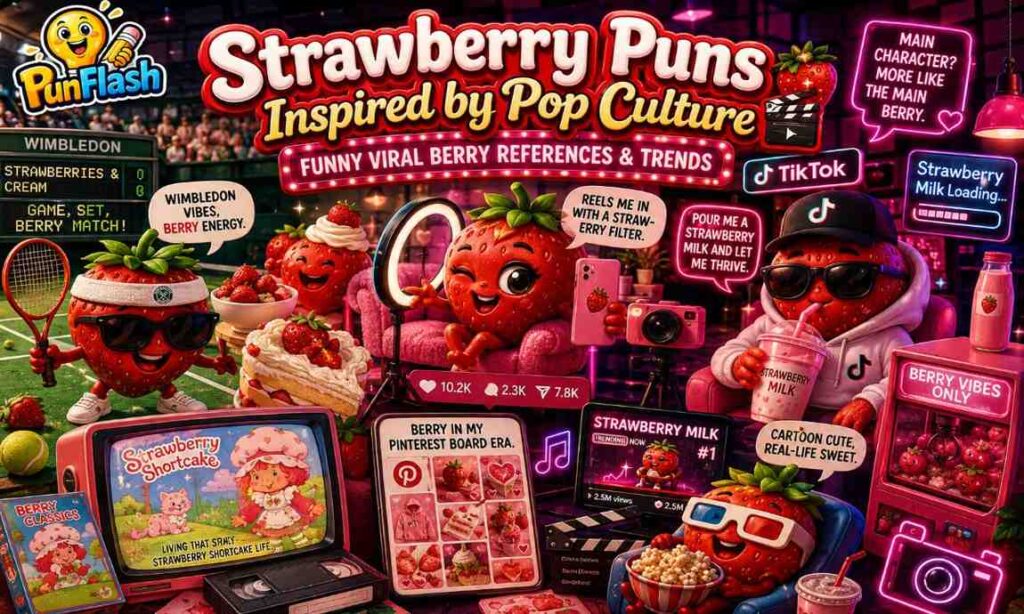 Pop culture strawberry puns image with cartoon strawberries, Wimbledon tennis vibes, strawberry milk trends, social media icons, and viral internet humor