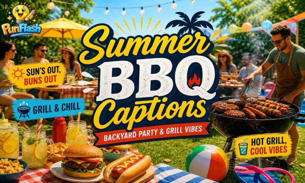 summer BBQ captions with backyard party grill, drinks and sunny barbecue vibes