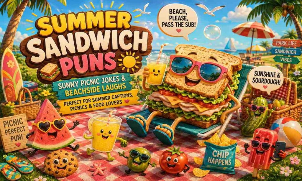 summer sandwich puns with funny picnic food characters and beach sandwich jokes