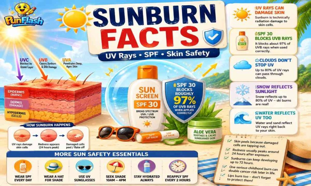 Sunburn facts infographic showing UV rays skin damage SPF protection sunscreen safety and sunburn prevention tips
