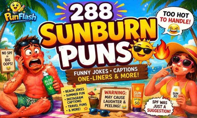 Funny Sunburn Puns featured image with cartoon sunburn character, beach humor, sunscreen jokes, and summer captions theme