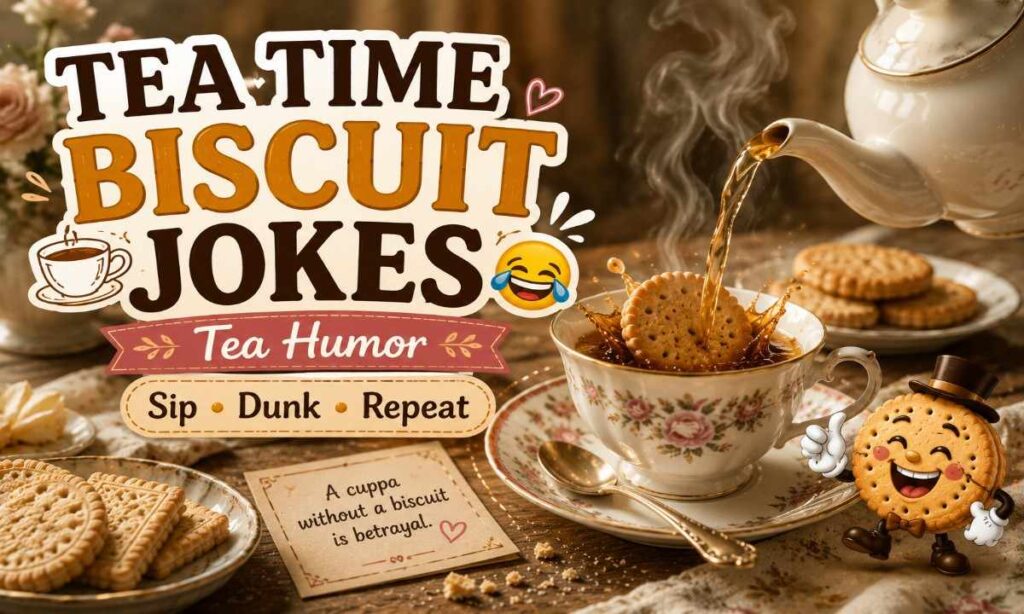 Tea time biscuit jokes with tea cup biscuit dunk humor and funny tea captions