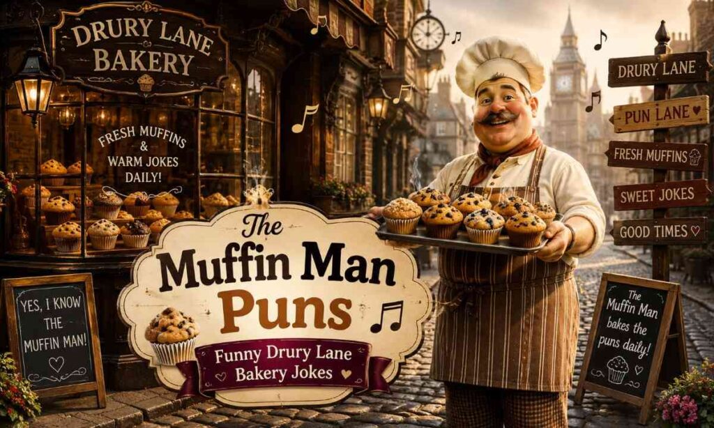 Funny Muffin Man puns image featuring a vintage baker with fresh muffins on a cozy Drury Lane bakery street