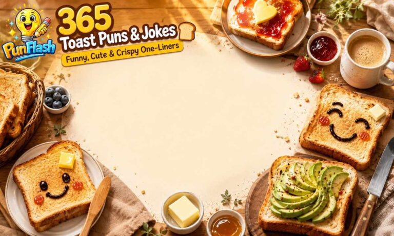 Funny toast puns featured image with crispy toast slices, avocado toast, butter, and brunch-themed breakfast setup