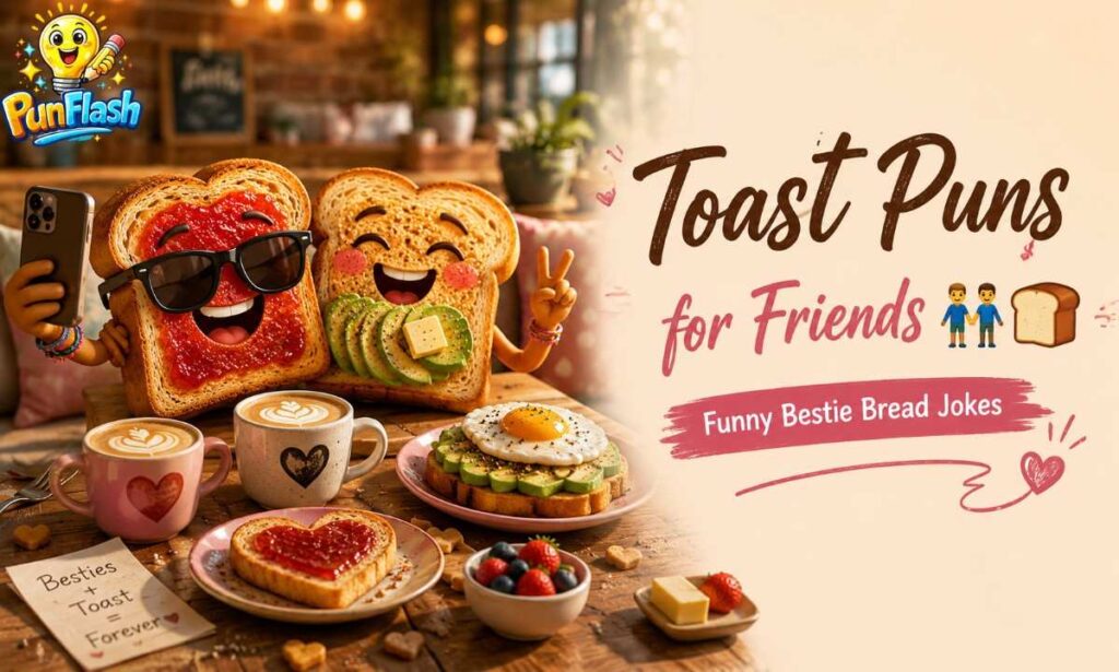 Toast puns for friends image featuring funny toast besties at a cozy brunch café with coffee and breakfast setup