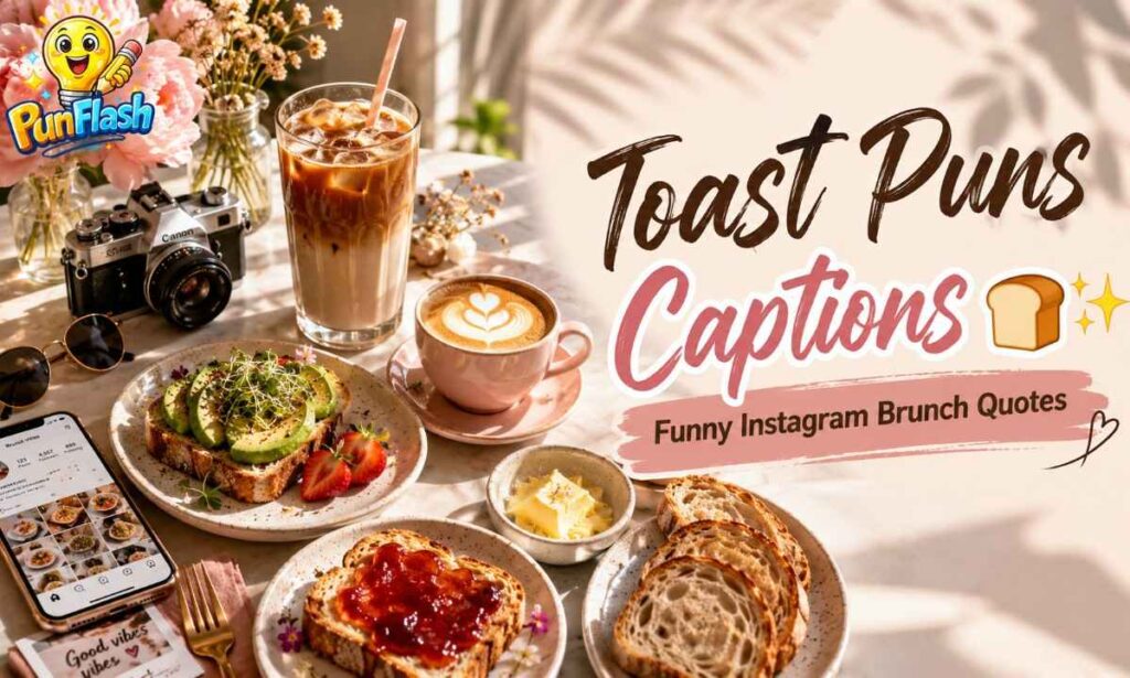 Instagram-style toast puns image with aesthetic brunch setup, avocado toast, coffee, and stylish café vibe