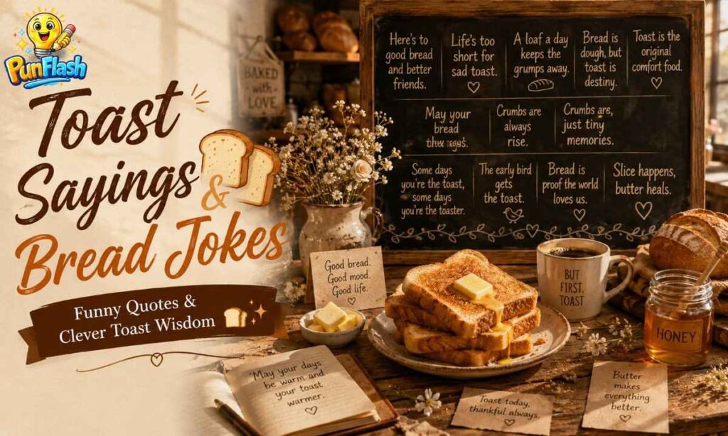 Toast sayings and bread jokes image featuring cozy bakery breakfast setup with coffee, artisan toast, and inspirational bread quotes