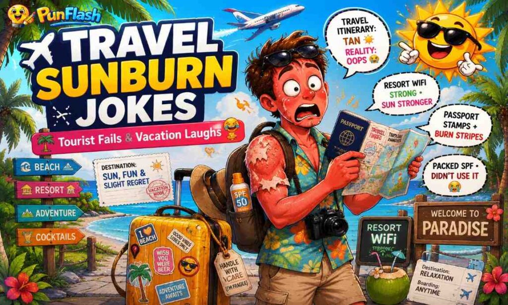 Tourist travel sunburn jokes image with vacation humor airport travel funny beach sunburn and tourist vacation captions