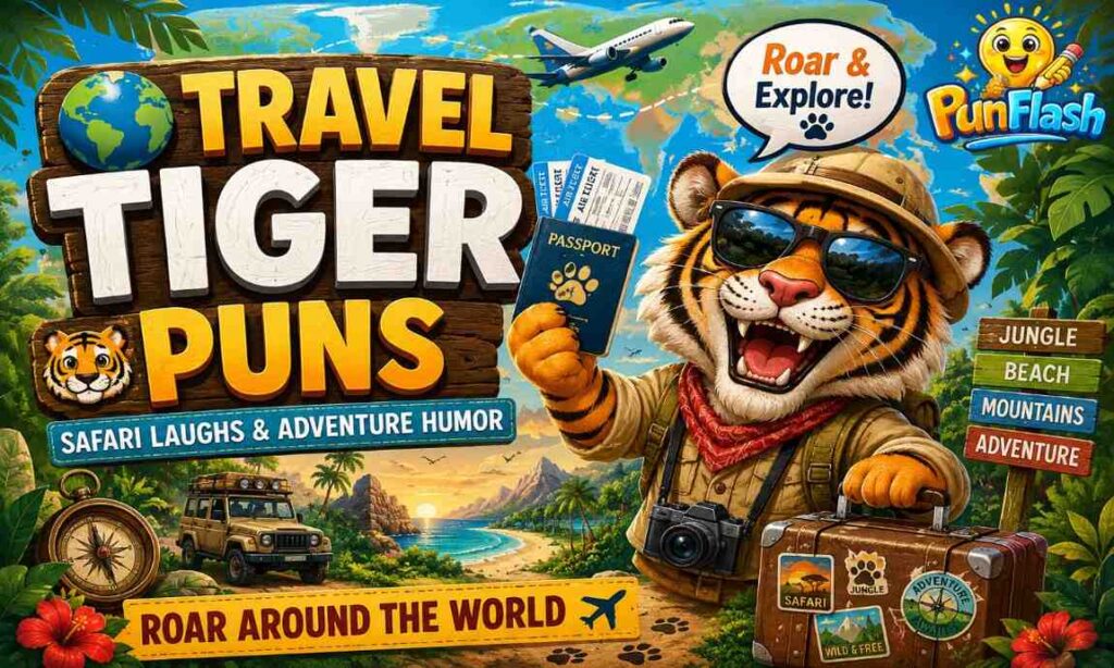 Travel themed tiger puns funny safari tiger jokes cartoon travel