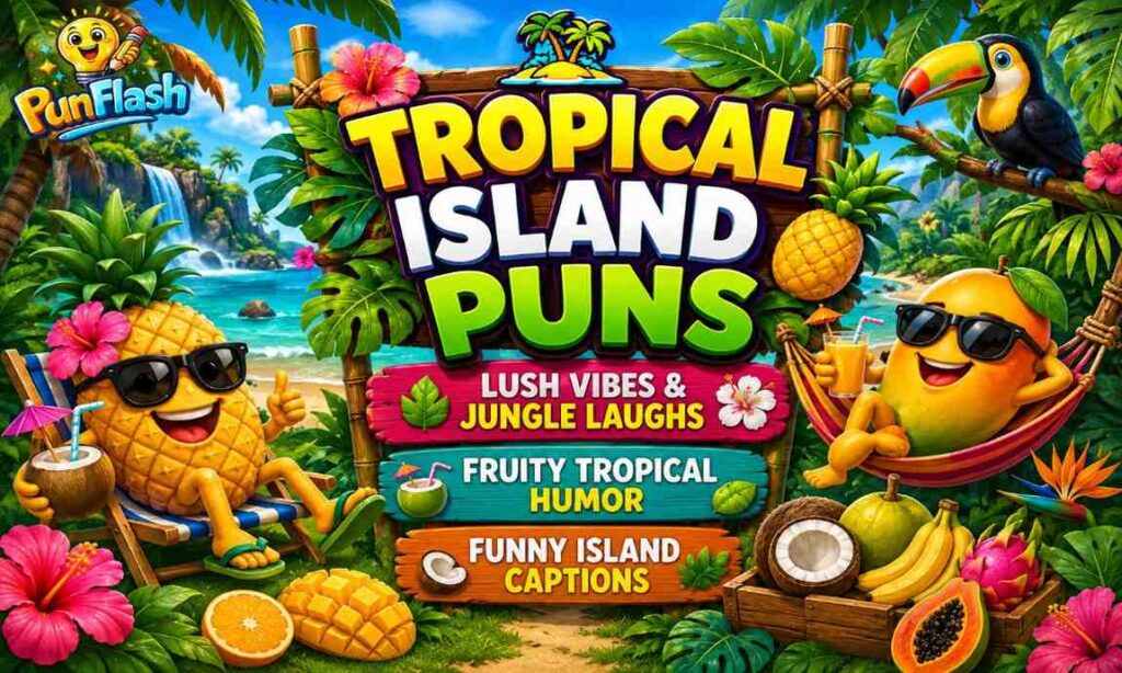 Tropical island puns image with jungle beach fruits palm trees