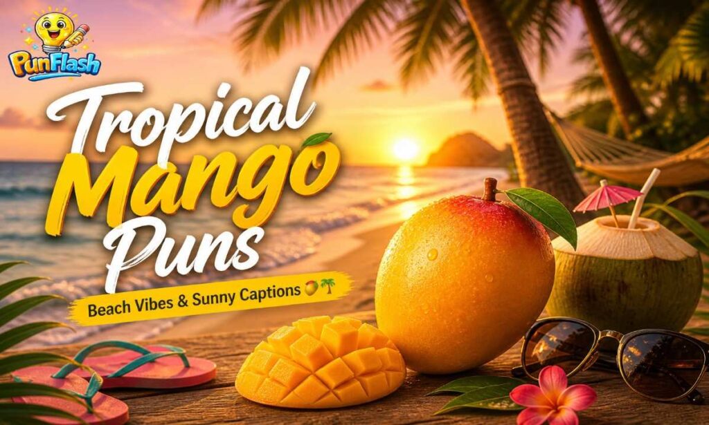 tropical mango puns beach scene with sunset ocean palm trees and vacation caption ideas