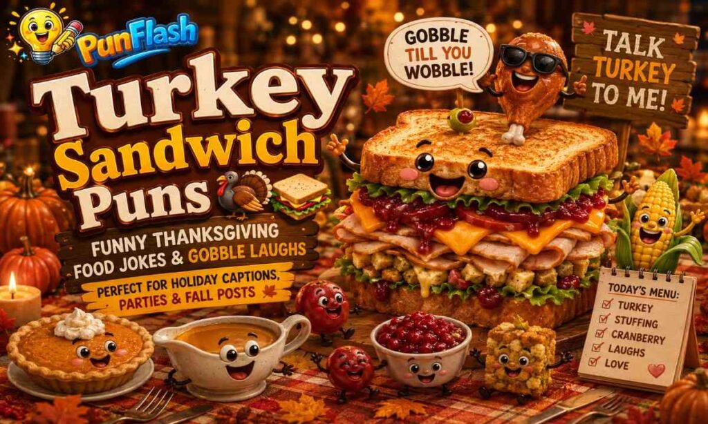 turkey sandwich puns with funny thanksgiving food characters and holiday jokes