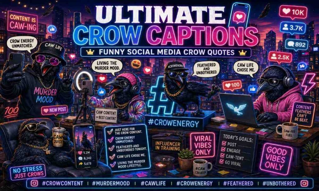 Funny stylish crows posing like social media influencers with phones, hashtags, and neon city lights for a crow captions blog section.