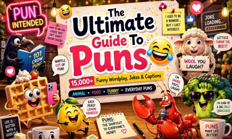 Colorful cartoon collage for The Ultimate Guide to Puns featuring funny animal and food characters including lobster, broccoli, sheep, waffle, crow, and lemon with humorous wordplay and comedy elements.