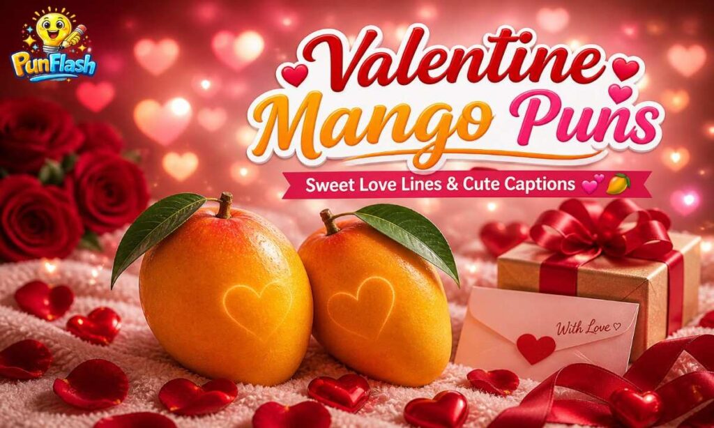 valentine mango puns image with romantic mango couple hearts and love caption ideas