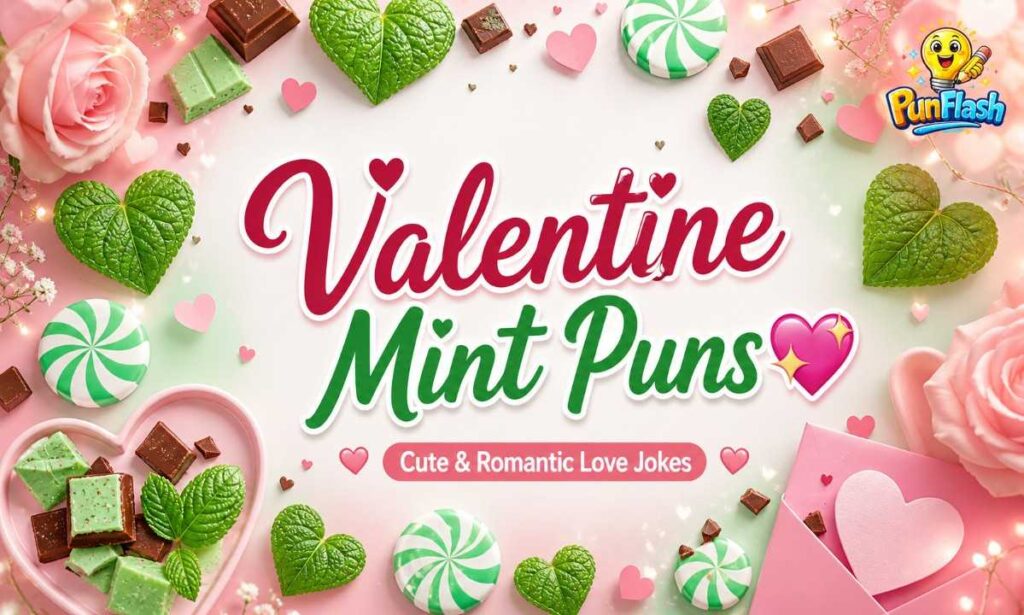 valentine mint puns with heart shaped mint leaves and romantic peppermint theme for love captions and jokes