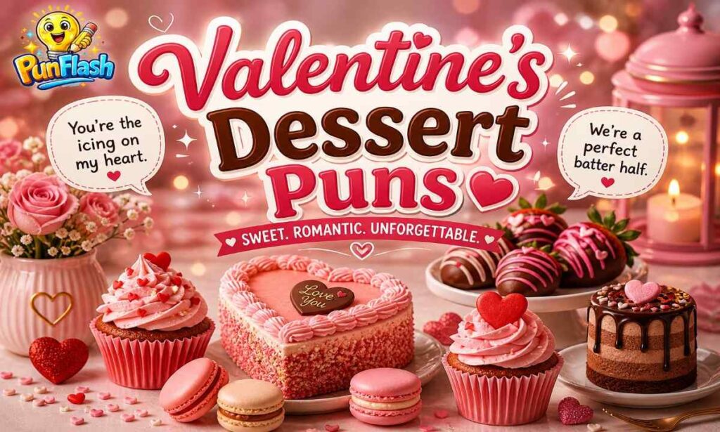 Valentine’s Day dessert puns with heart-shaped cakes, cupcakes, and romantic sweet captions