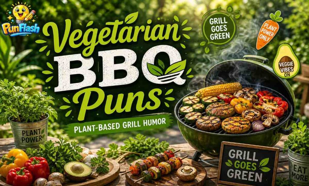 vegetarian BBQ puns with grilled vegetables and plant-based barbecue humor scene