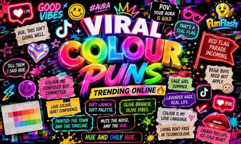 Viral colour puns featured image with neon rainbow typography, TikTok-inspired graphics, holographic effects, emojis, and trendy social media aesthetics.