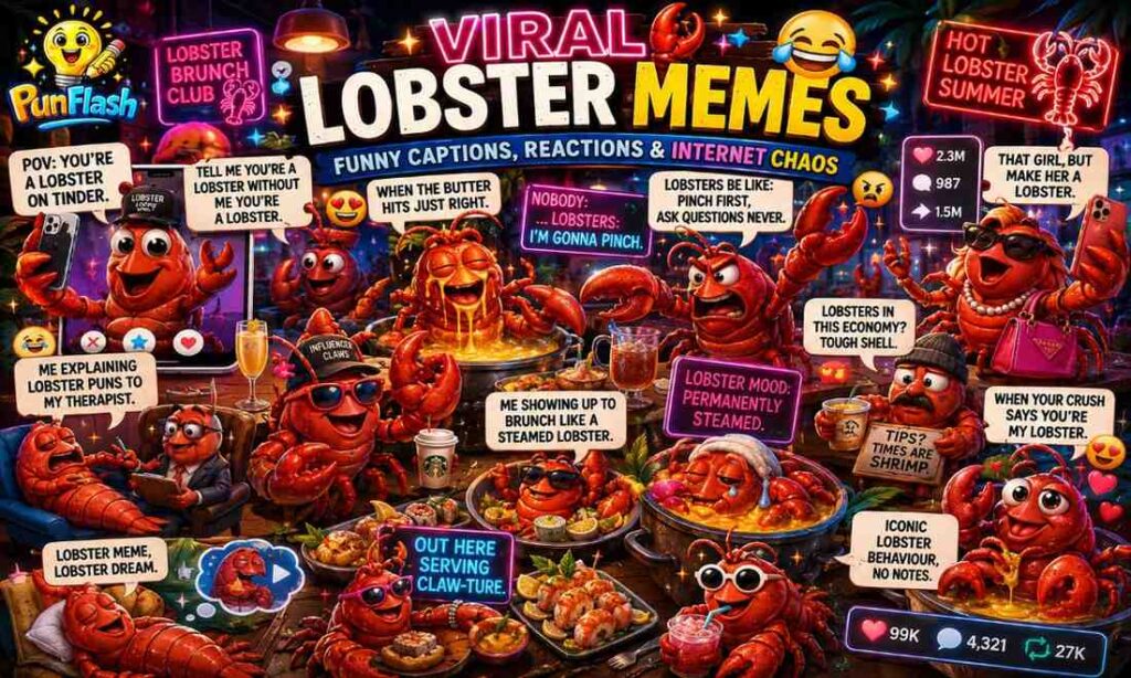 Viral lobster memes image featuring funny cartoon lobsters making TikTok-style reactions, seafood jokes, brunch humor, and social media meme chaos.