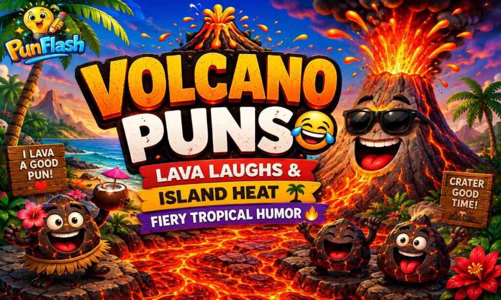 Volcano puns image with lava volcano tropical island humor fiery adventure