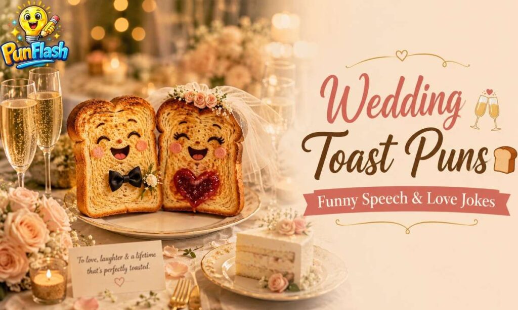 Wedding toast puns image featuring bride and groom toast characters at a romantic wedding brunch setup