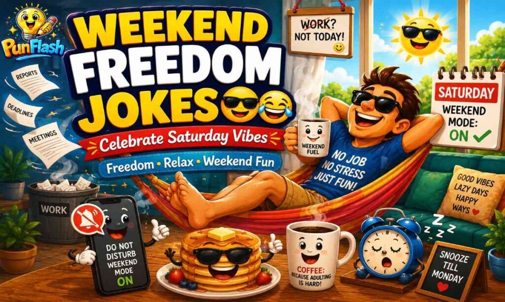 Weekend freedom jokes cartoon image with Saturday happiness coffee and relaxing weekend vibes