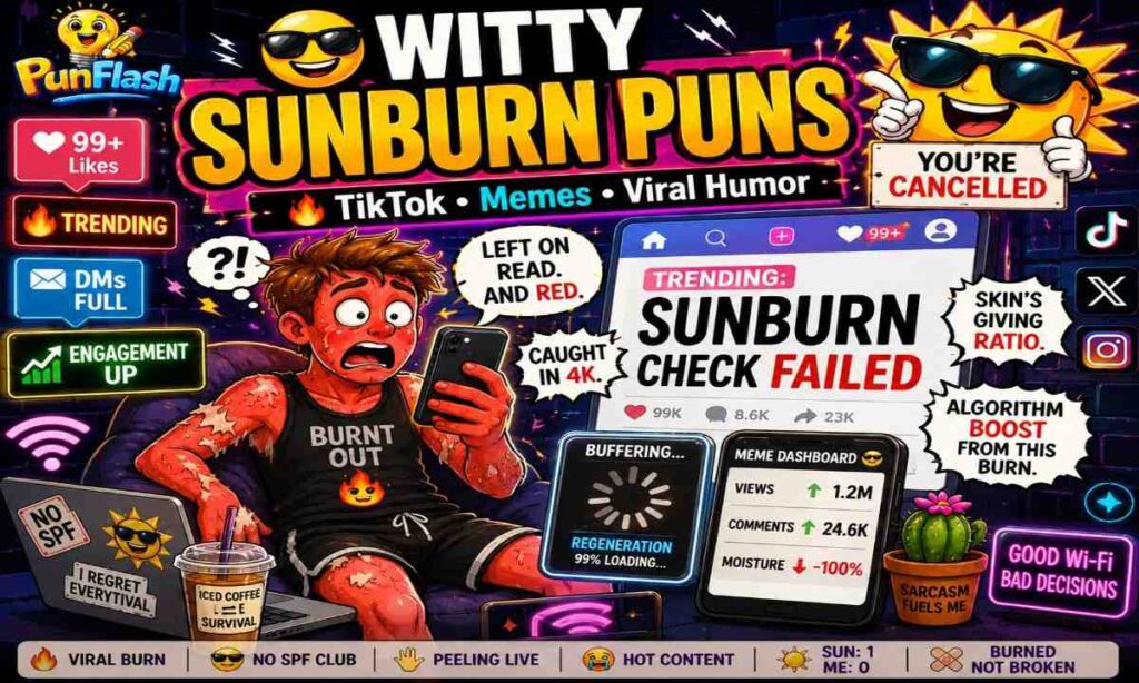 Witty sunburn puns social media image with viral meme humor TikTok jokes funny sunburn captions and trending internet theme
